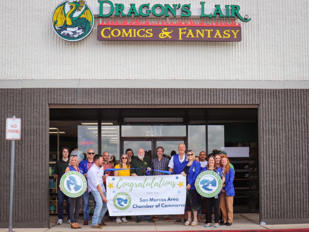 May be an image of 12 people, Superman and text that says 'DRAGON'S TWWWWW..WWWWo LAIR COMICS & FANTASY NO PARKING OPEN ควยฟร Congratulations lations fromthe San Marcos SanMarcosArea Area Chamber of Commerce'