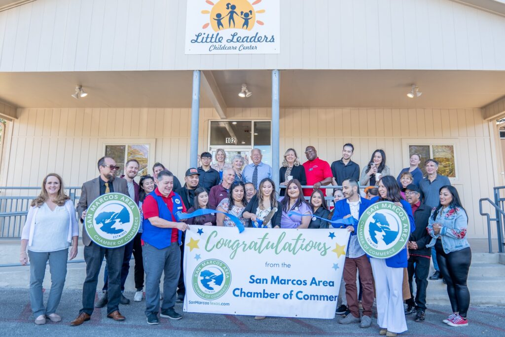 May be an image of 7 people and text that says 'LittleLeaders Little Leaders Childcare ChildcareConter Conter 102 MARCOS AREA 5 CHAMBER OF 9 SAN MARCOS MAR COS 2 AREA यी COMMERCE COMME ICE Congratulations from the San Marcos Area 0 OF Chamber of Commer SanMurcasi อหกร com'