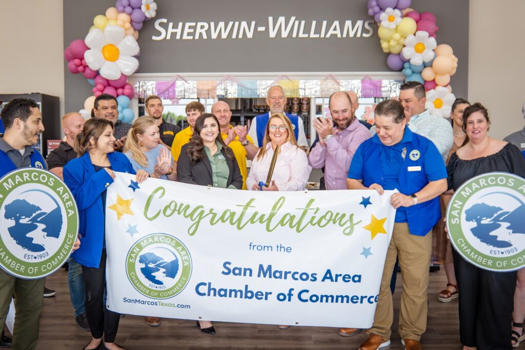 May be an image of 10 people and text that says 'SHERWIN-WILLIAMS SHERWIN WILLIAMS Bτιπ MARCOS .ET AREA AMBER OF EST+1903 COMAA EST+1 1903 Congratulations MARCOS SAN ی2 from the San Marcos Area Sra1a0a AUIEN Chamber of Commerce SanMarcosTexas.com SanMarcosT lexas.com κας, MARCOS SAN CHAMBER CLAIBER OF co EST EST+1903 903'